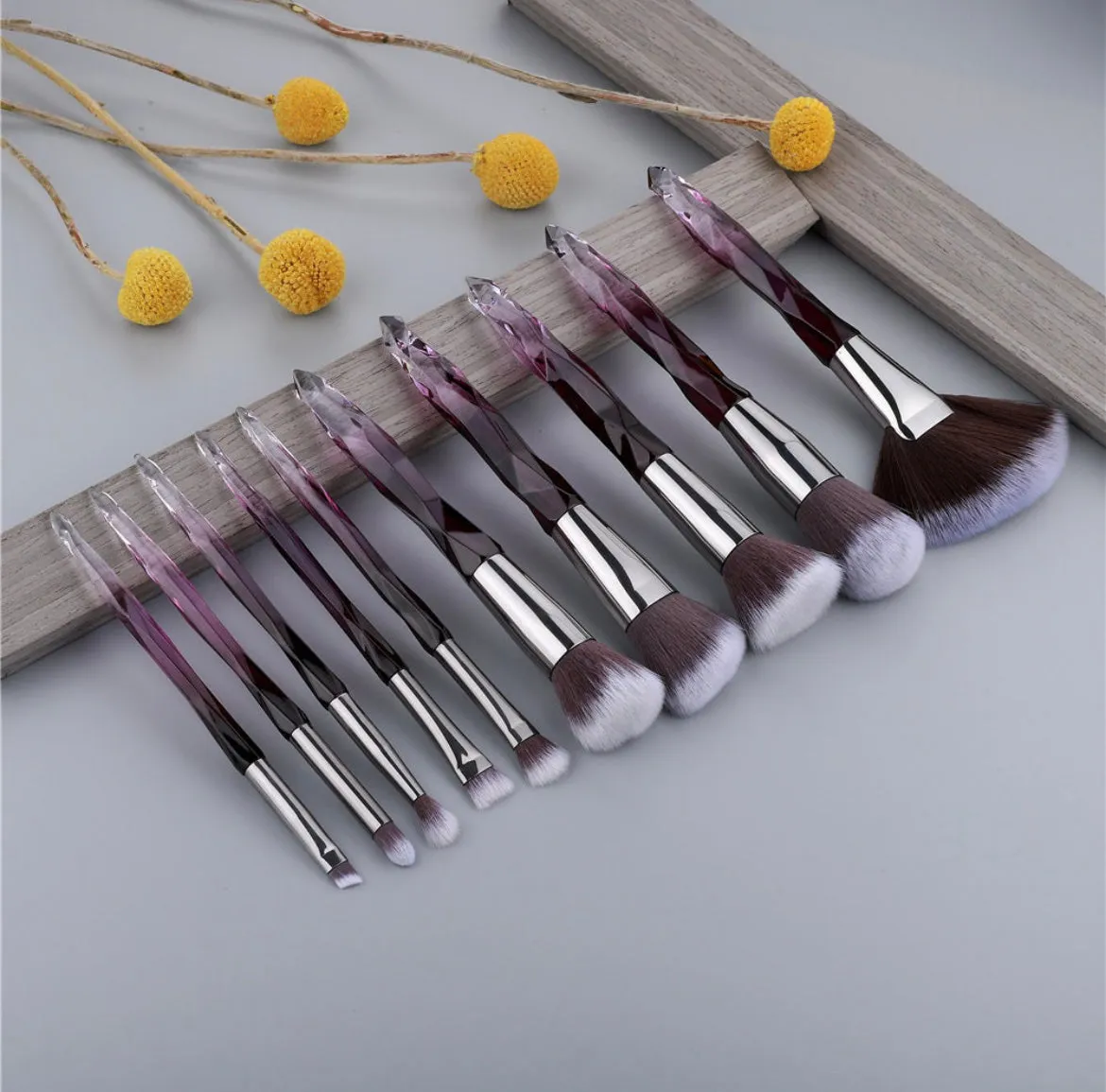 10 pc Crystal Glass Makeup Brush Set Purple