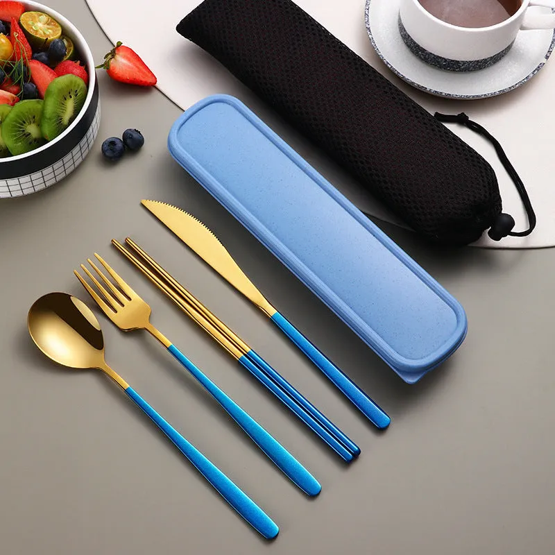 304 Dinnerware Set Flatware Kitchen Accessories Camping Travel Sets Gold Knife Fork Spoon Portable Cutlery Sets With Case