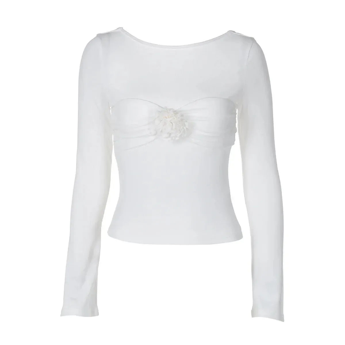 3d Floral-applique Long Sleeve Backless Top Autumn 2024 White Ribbed Tshirts Women Y2k 2000s Coquette Clothes P95-BE20