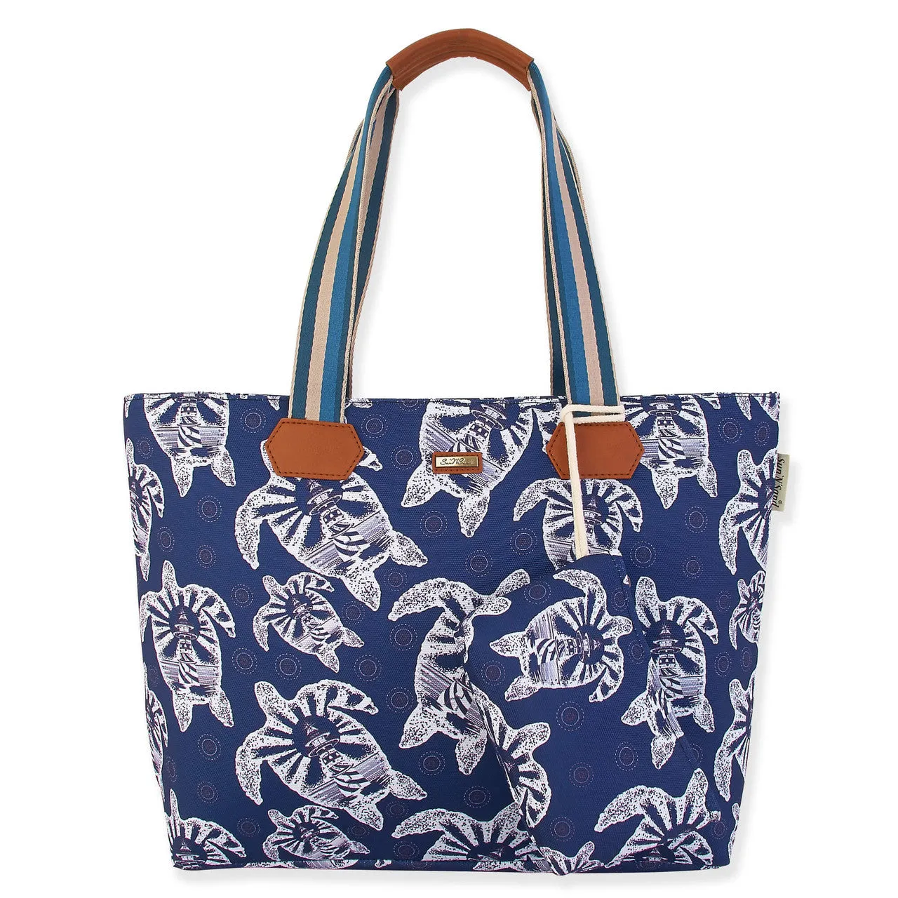 Aitana Linen & Jute Shoulder Tote in Navy Turtles