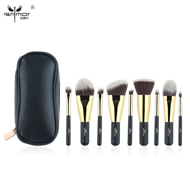 Anmor Hot Sale 9 Pieces Synthetic Hair Makeup Brushes with Sliver Color Bag Beautiful Traveling Makeup Brush Set B001