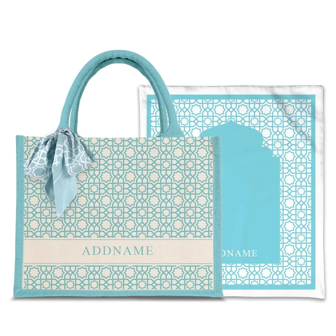 Annas Series Prayer Mat with Half Lining Small Jute Bag-Light Blue