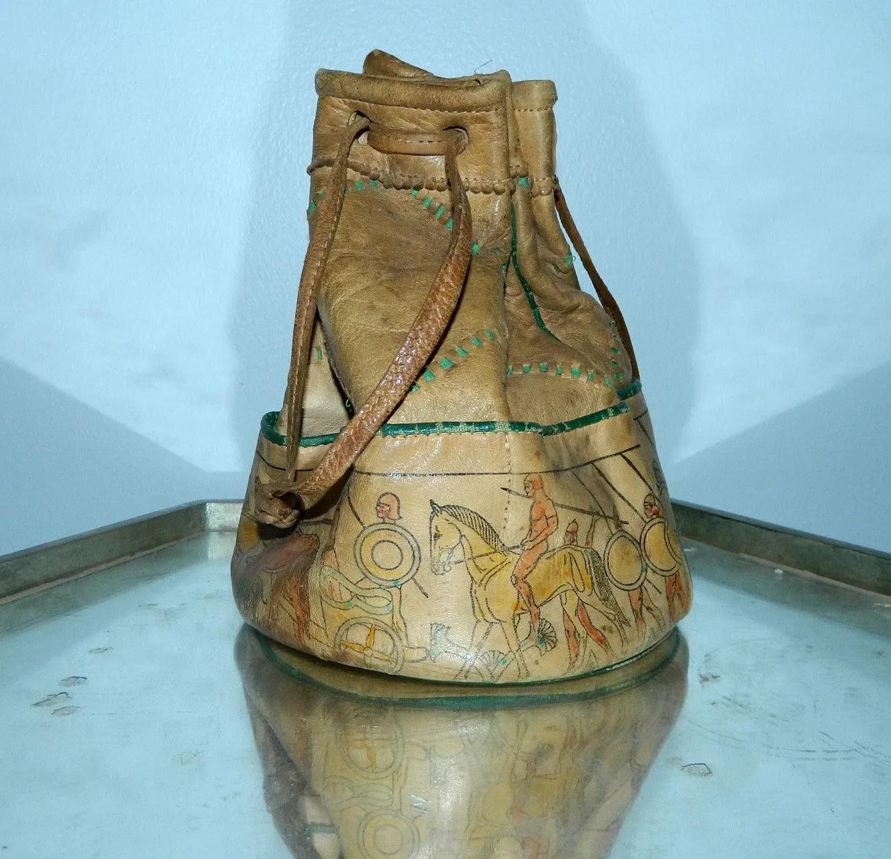 antique 1930s leather drawstring bag / Roman warrior print / horses Egyptian