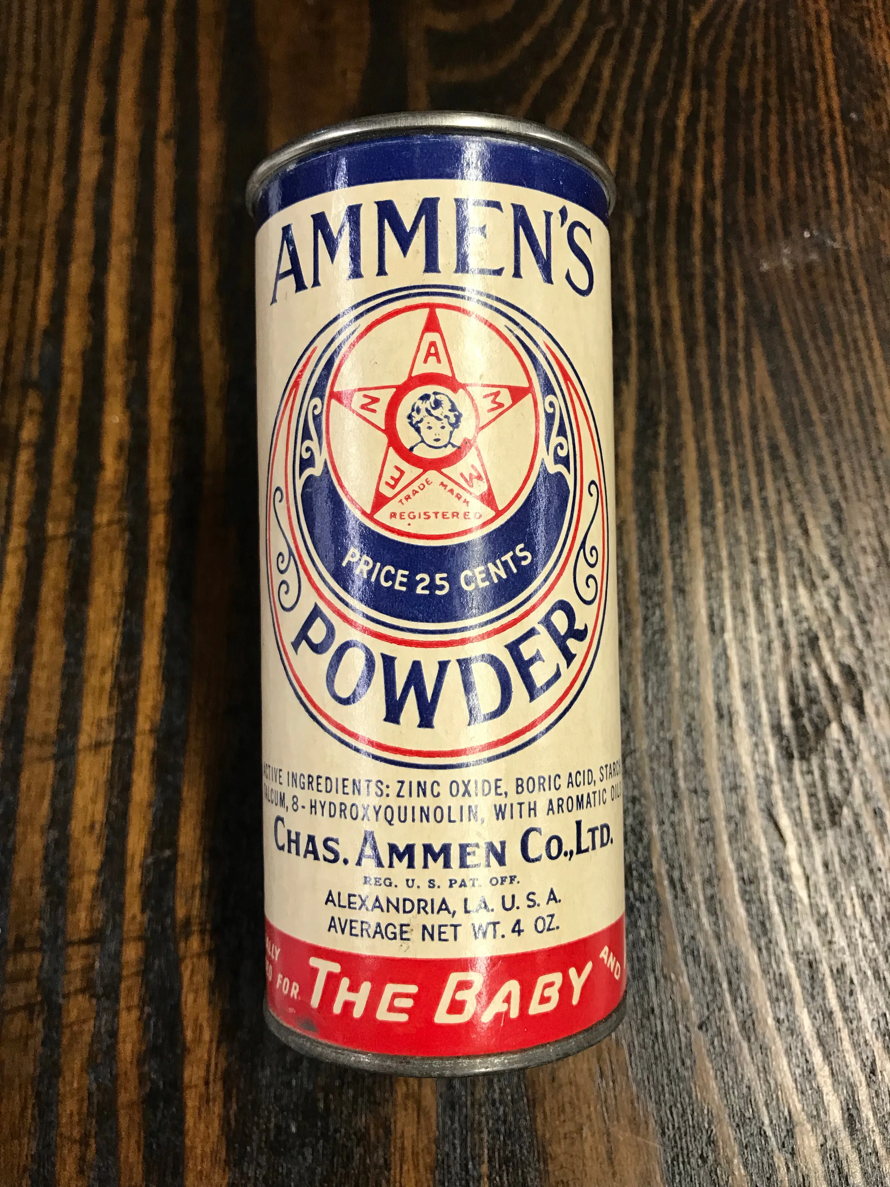 Antique Ammen’s Baby Powder Tin Packaging with Powder Inside