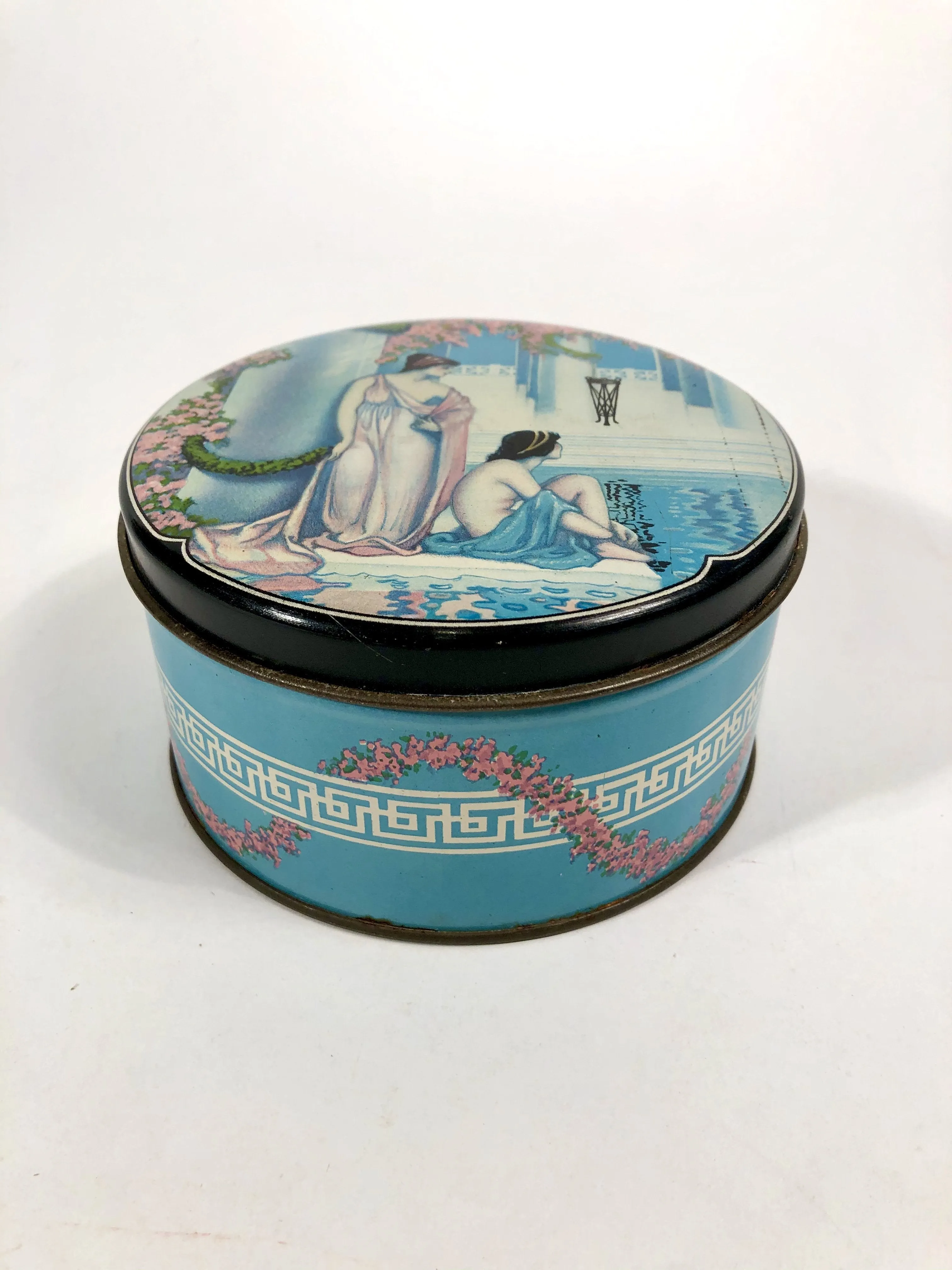 Antique GRECIAN ROSE Perfumed Talcum Powder Tin || Darnee, Powder and Puff