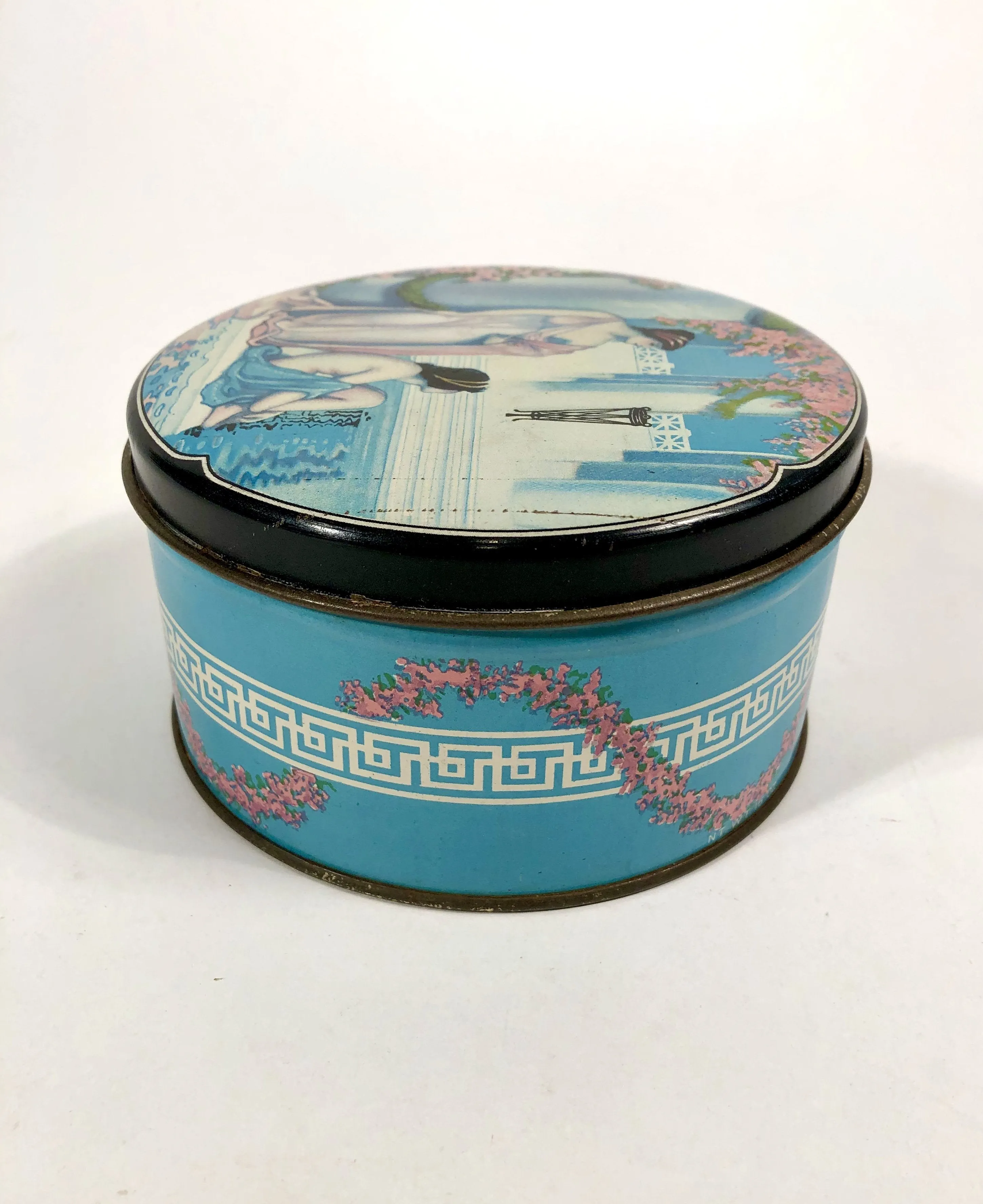 Antique GRECIAN ROSE Perfumed Talcum Powder Tin || Darnee, Powder and Puff