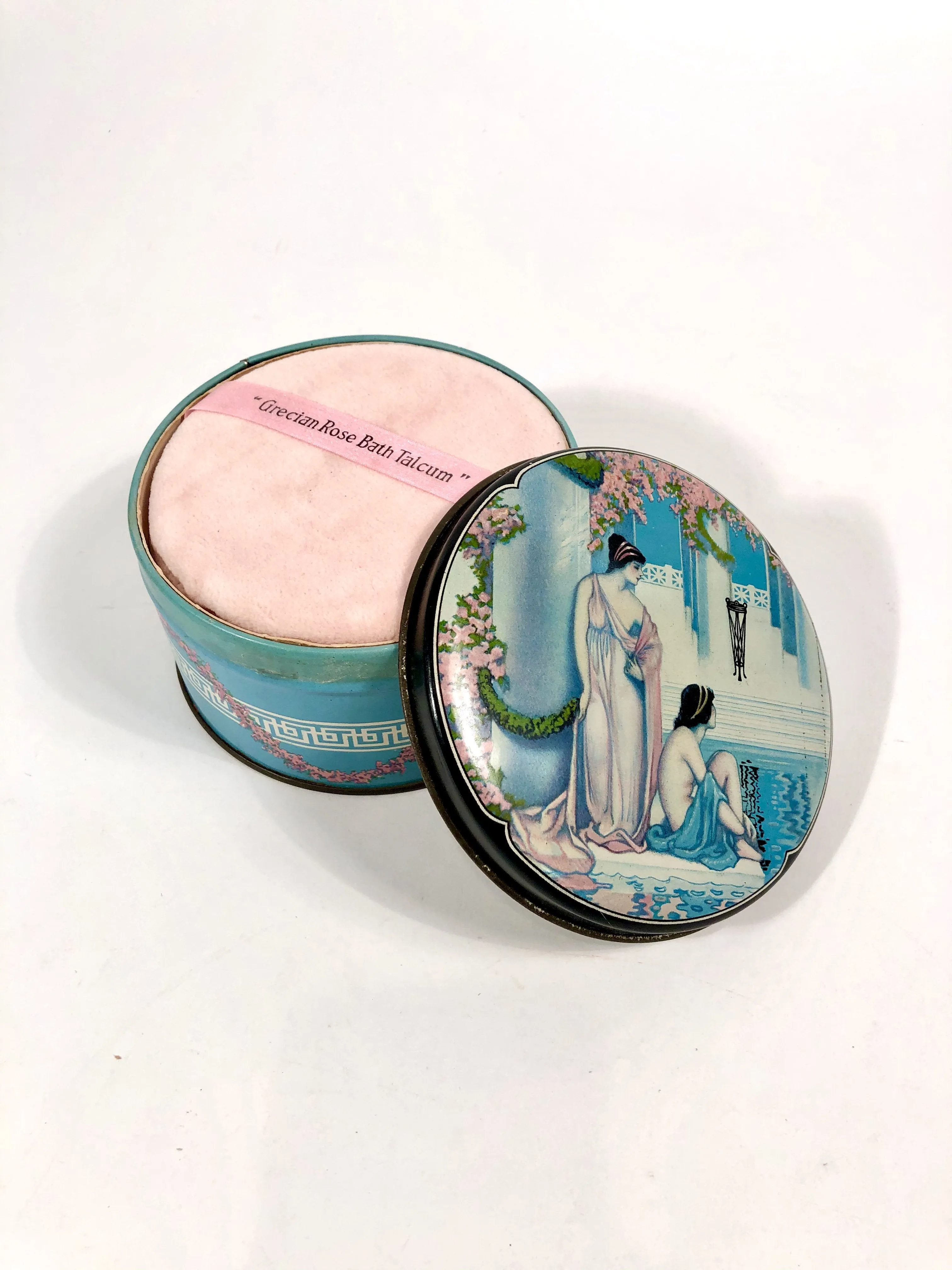 Antique GRECIAN ROSE Perfumed Talcum Powder Tin || Darnee, Powder and Puff