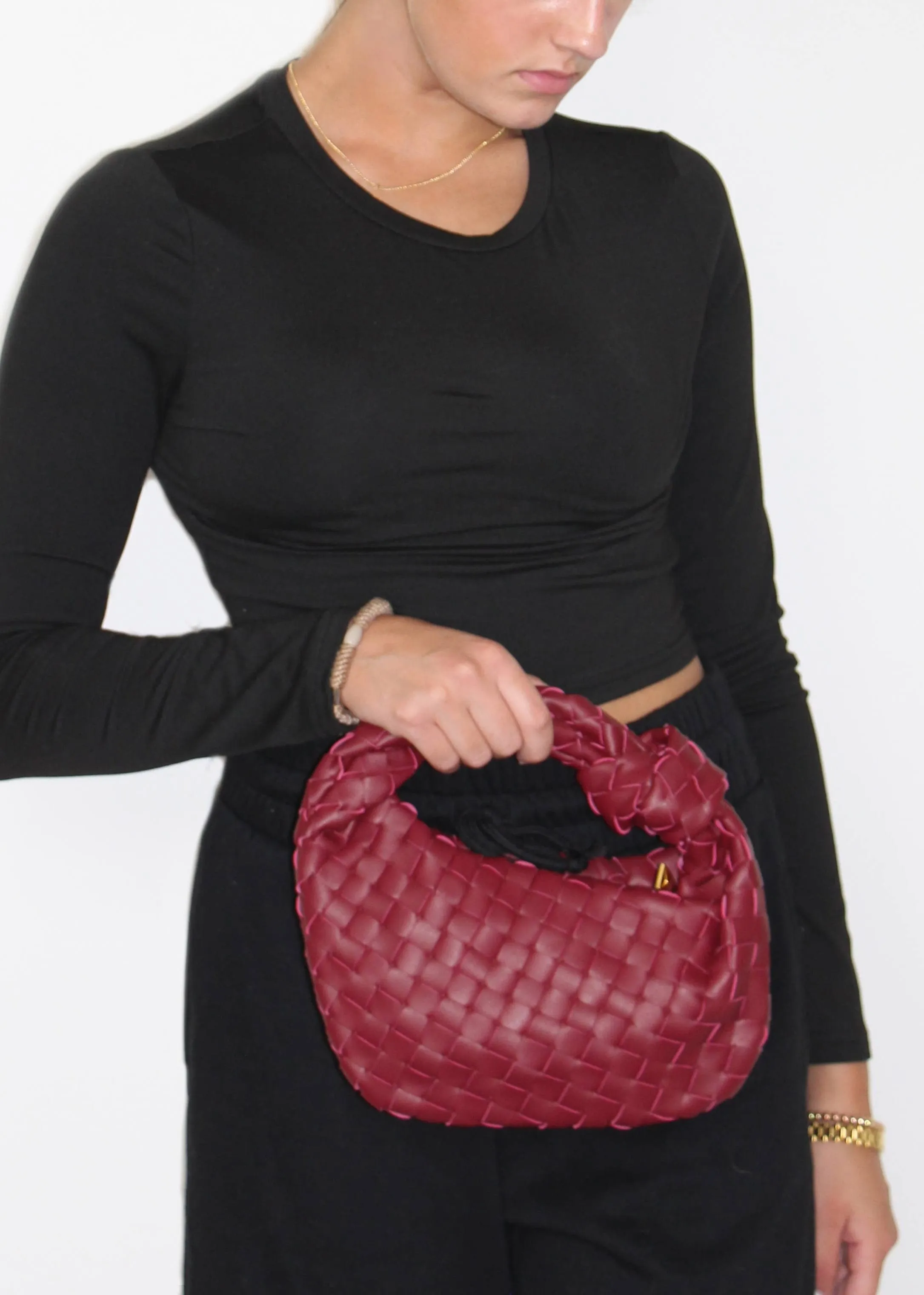 Ava Woven Knotted Handbag Burgundy 