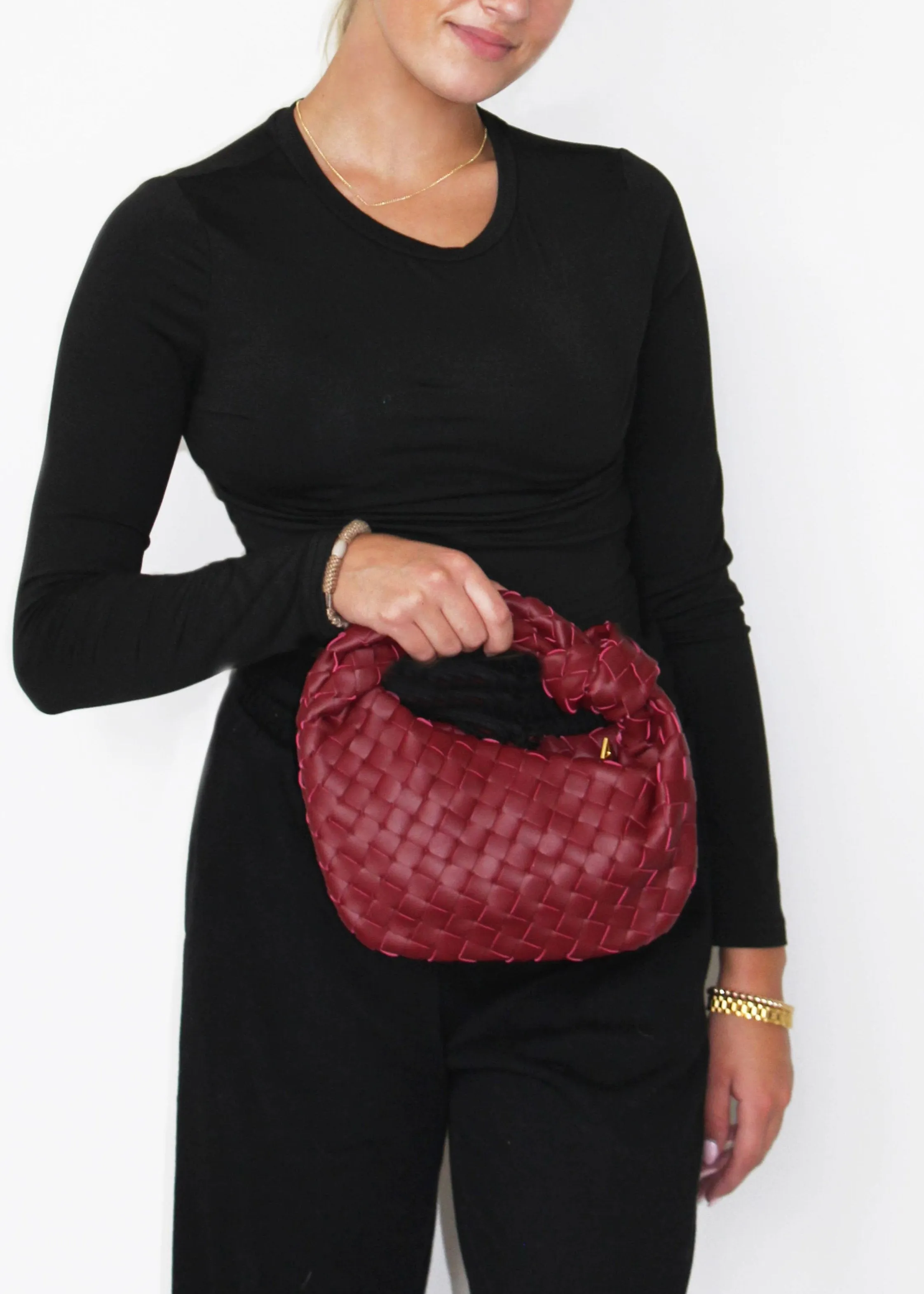 Ava Woven Knotted Handbag Burgundy 