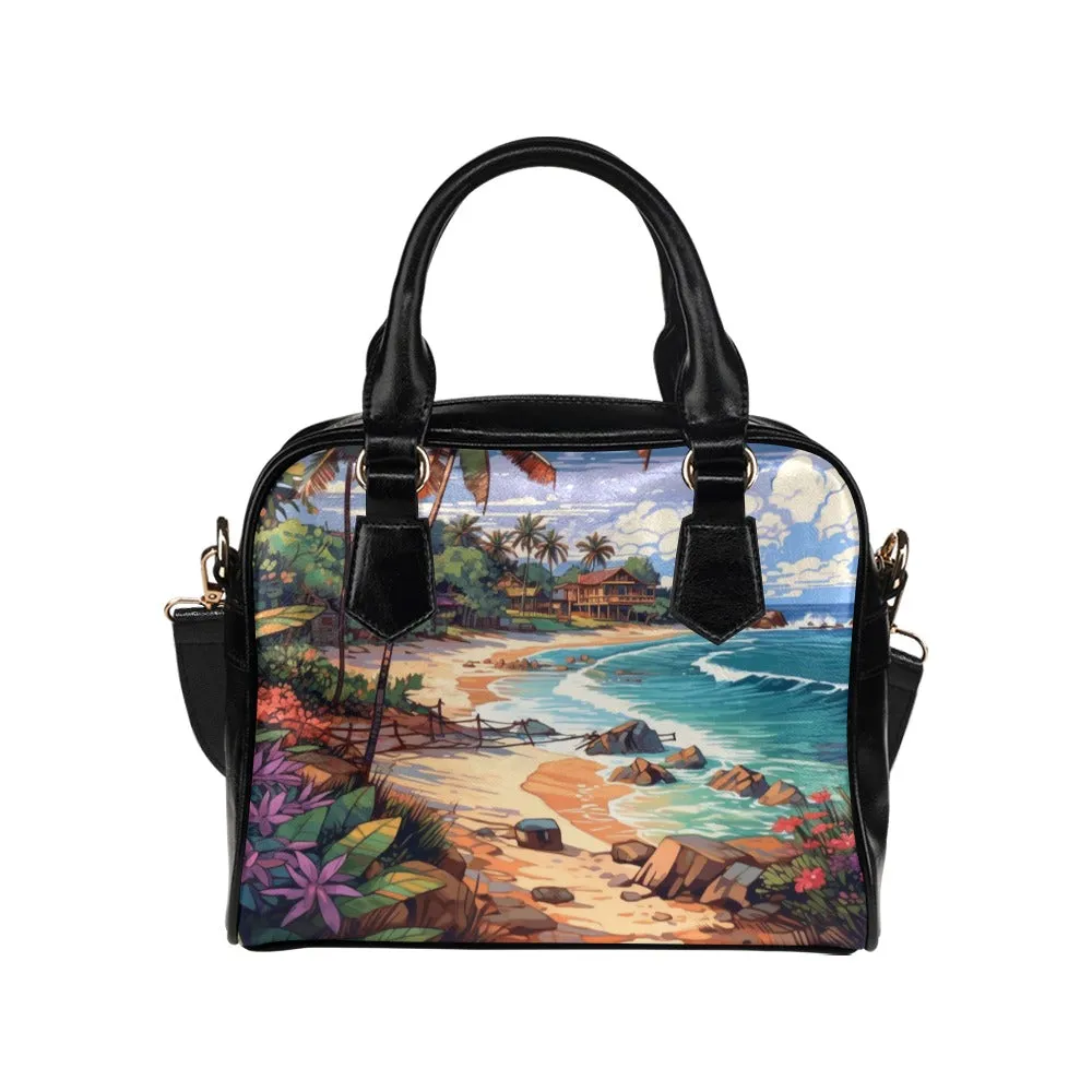 Beach Purse, Tropical Retro Pattern Cute Small Shoulder Zip Bag Vegan Leather Women Designer Handbag Crossbody Ladies