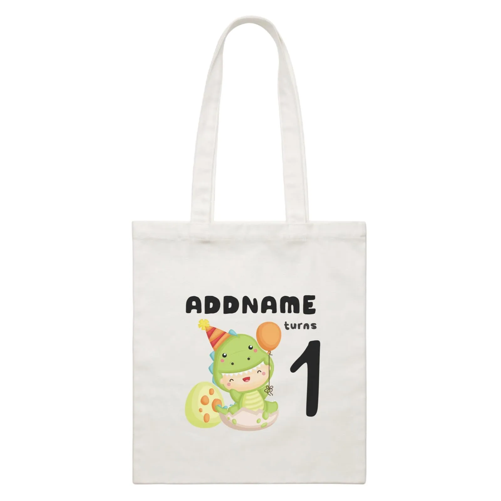 Birthday Dinosaur Happy Baby Wearing Dinosaur Suit Addname Turns 1 White Canvas Bag