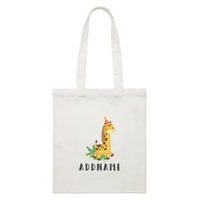 Birthday Safari Giraffa Wearing Party Hat Addname White Canvas Bag