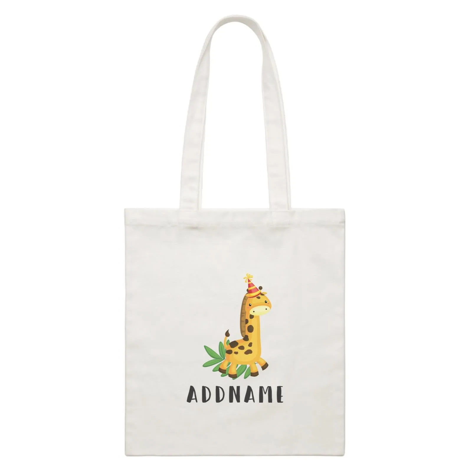 Birthday Safari Giraffa Wearing Party Hat Addname White Canvas Bag