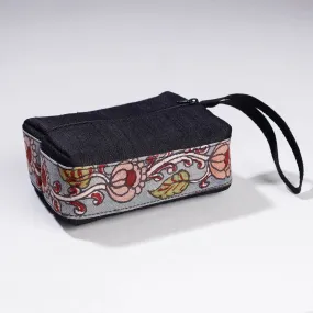 Black - Handpainted Kalamkari Natural Dyed Ghicha Silk Multipurpose Cosmetic/Toiletry Pouch