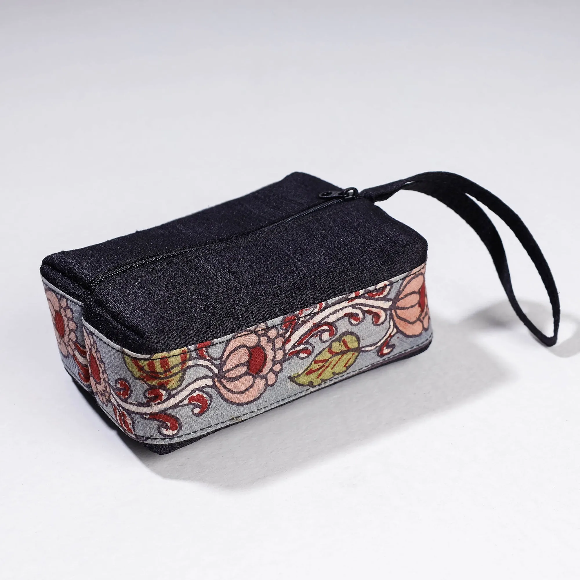 Black - Handpainted Kalamkari Natural Dyed Ghicha Silk Multipurpose Cosmetic/Toiletry Pouch