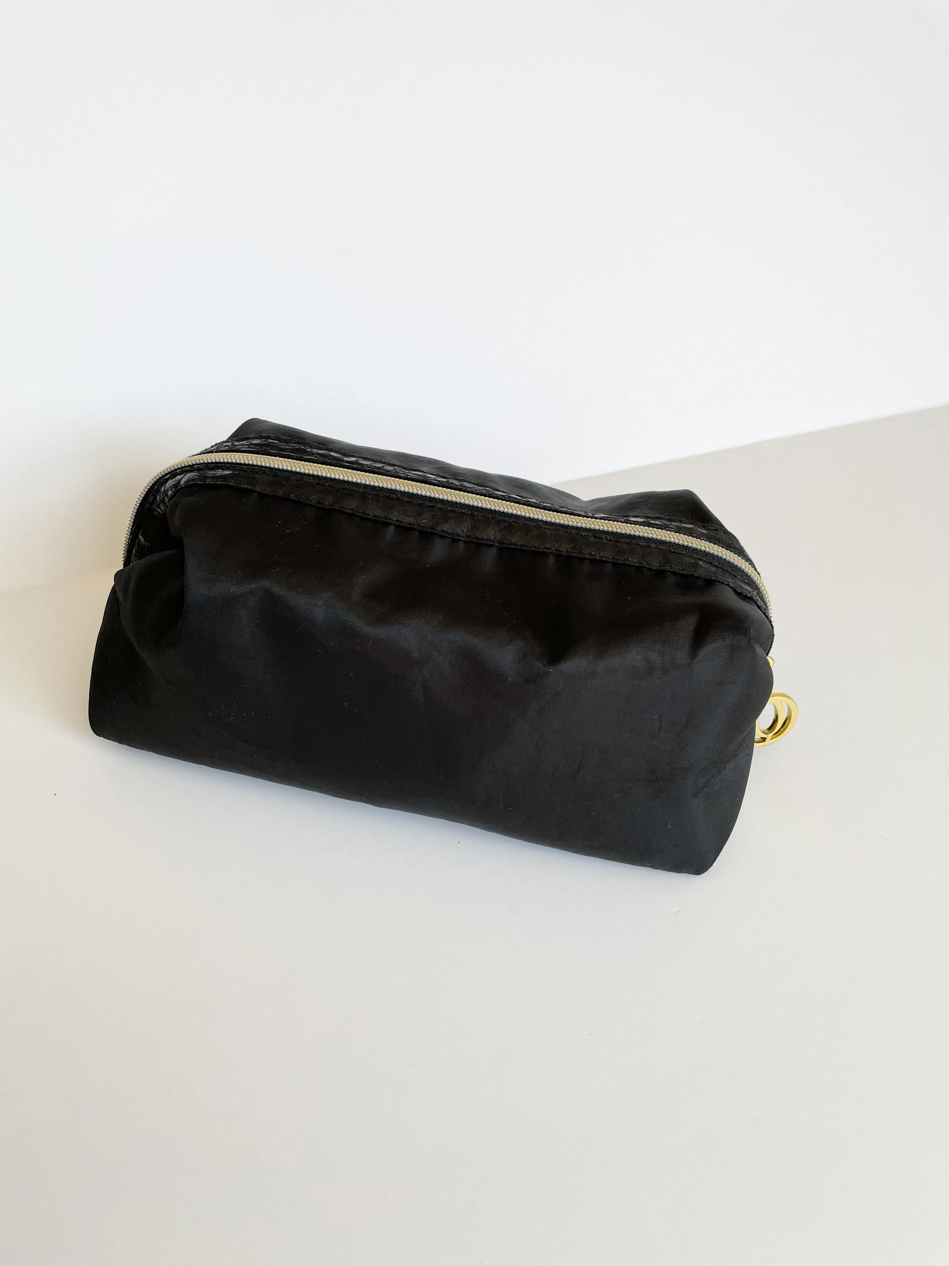 Black Satin Gold Zipper Toiletry Clutch Makeup Bag