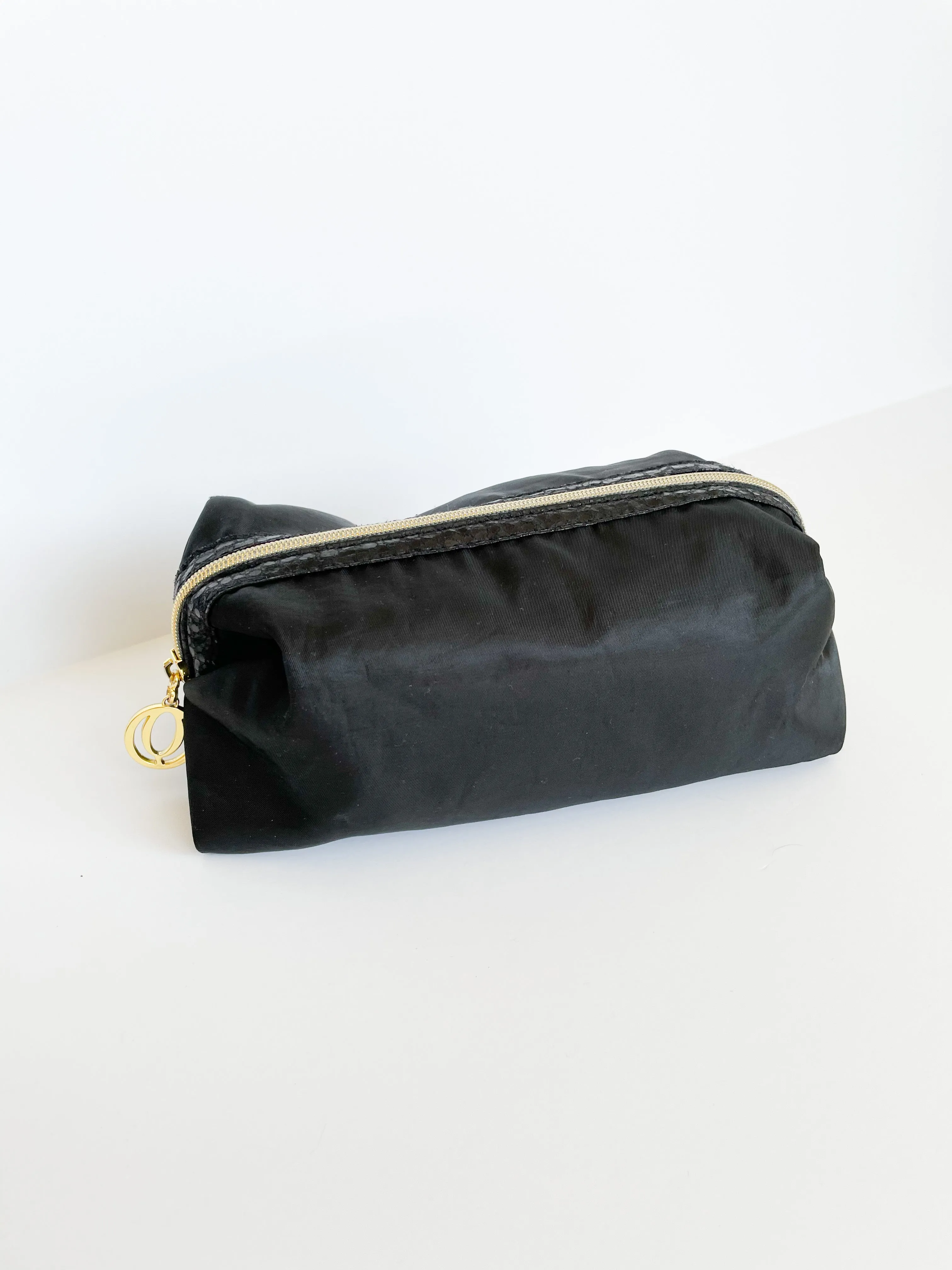 Black Satin Gold Zipper Toiletry Clutch Makeup Bag