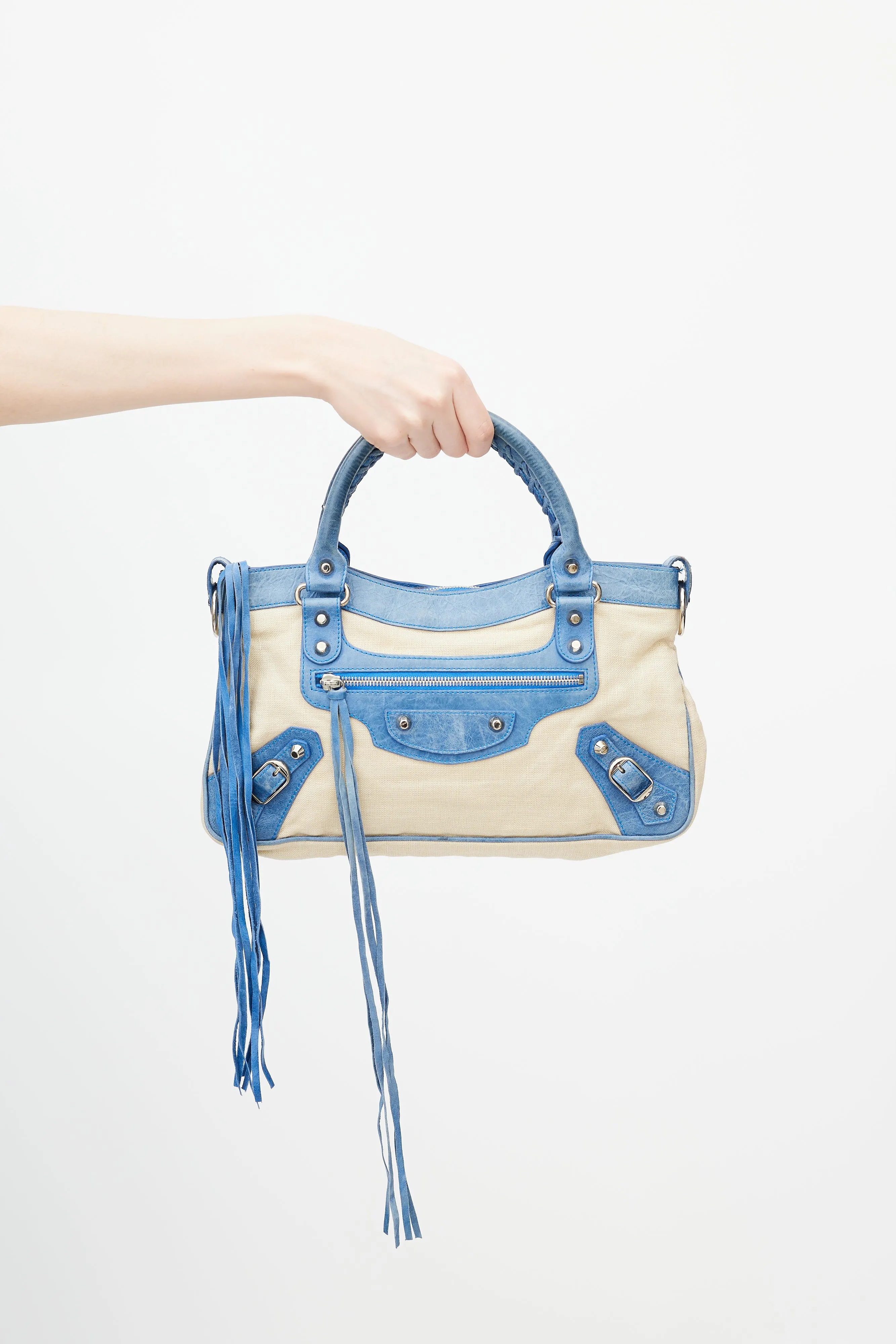 Blue & Beige Linen Motocross First Shoulder Bag