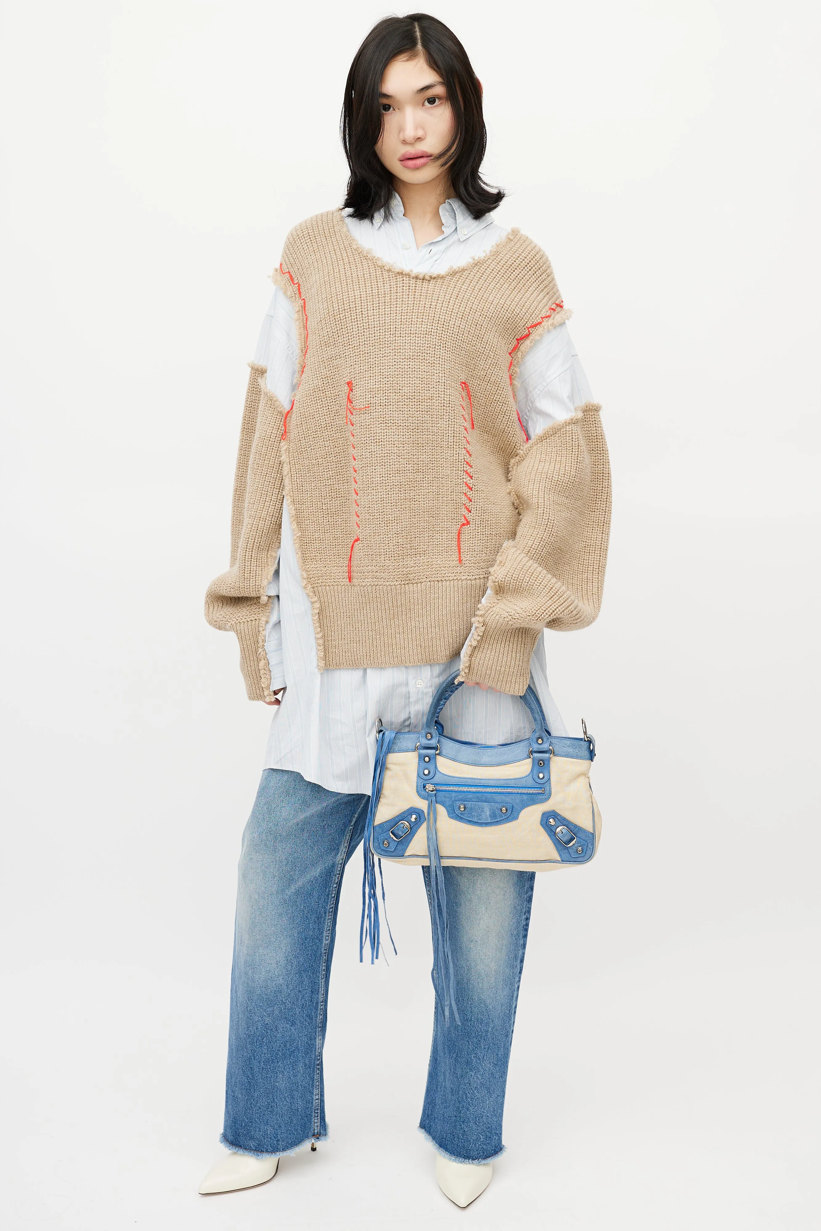 Blue & Beige Linen Motocross First Shoulder Bag