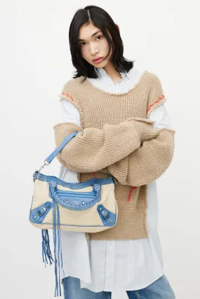 Blue & Beige Linen Motocross First Shoulder Bag