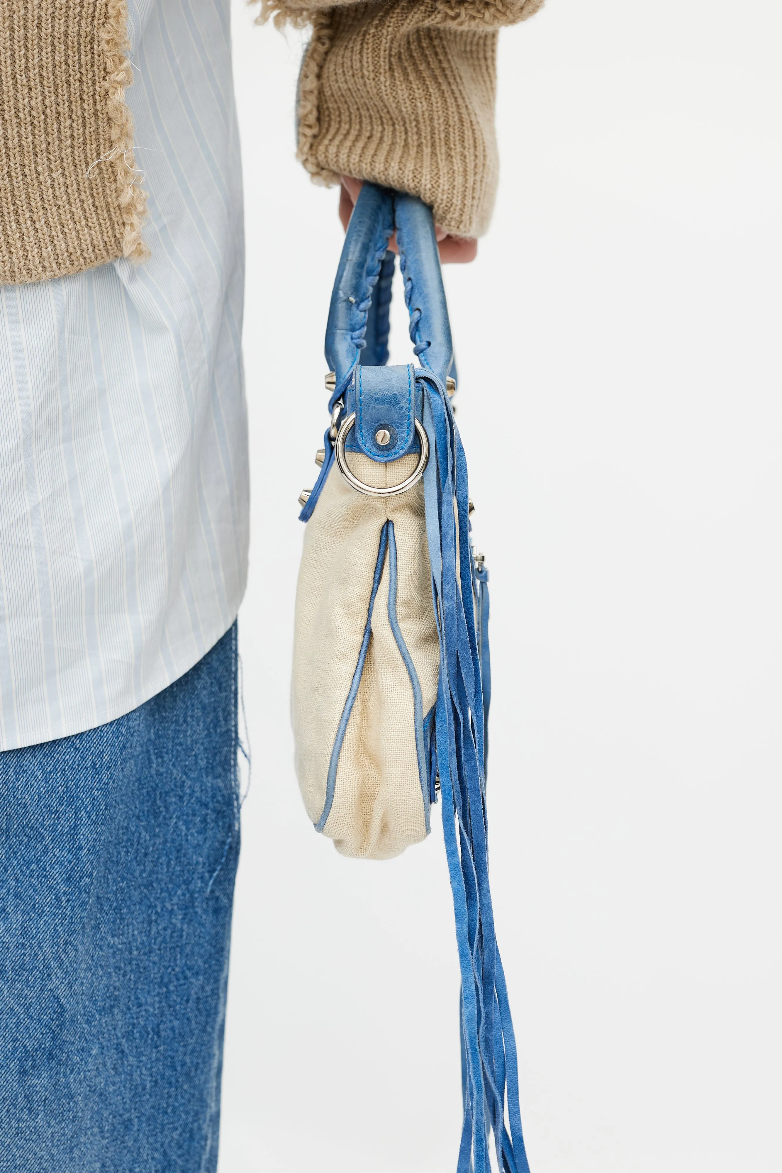 Blue & Beige Linen Motocross First Shoulder Bag