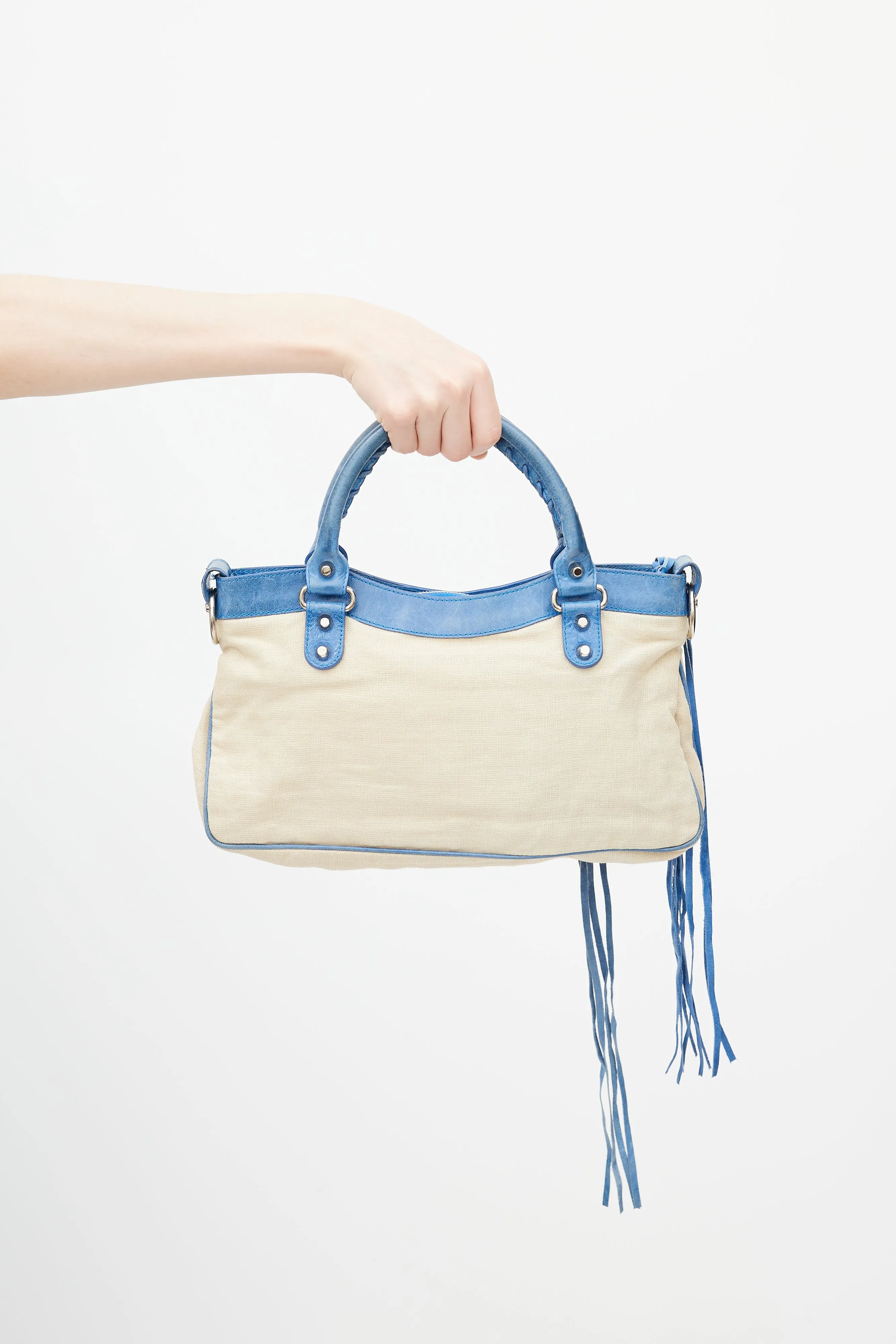 Blue & Beige Linen Motocross First Shoulder Bag