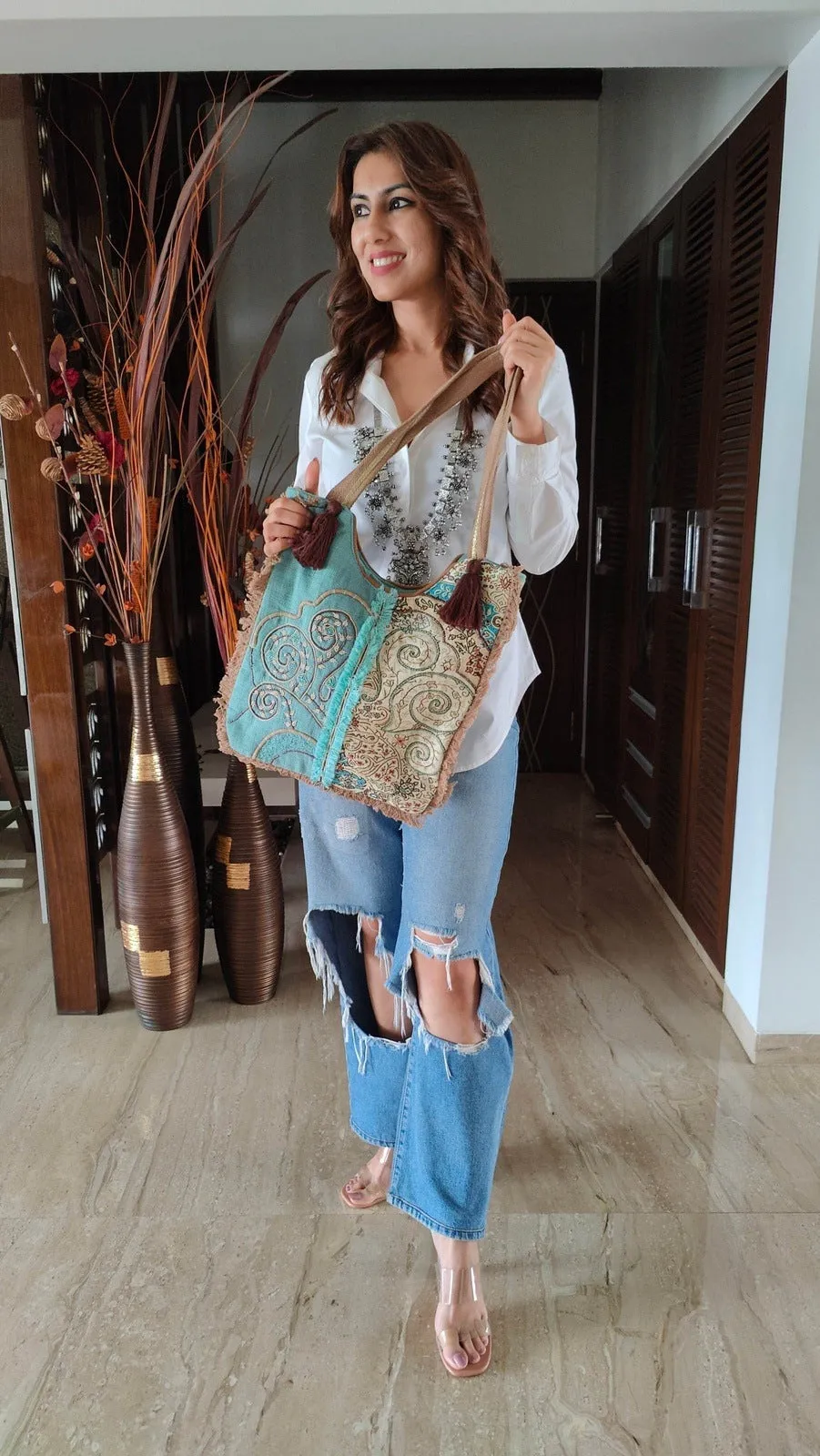 Blue Printed Banjara Handcrafted Embroidery Tote Bag