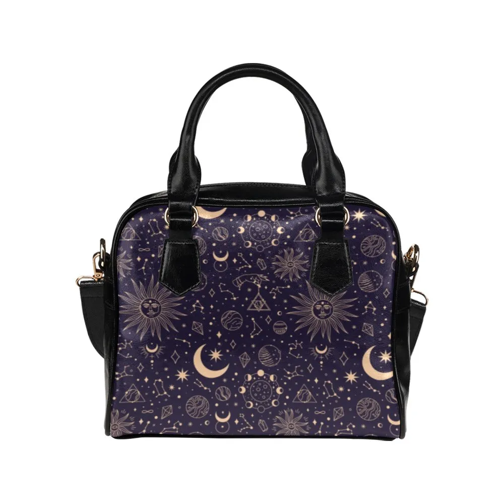 Celestial Stars Purse, Constellation Space Black Purple Sun Moon Cute Small Shoulder Zip Bag High Grade PU Leather Women Designer Handbag