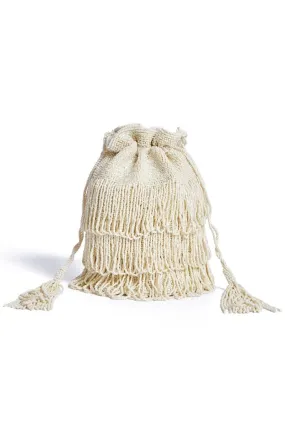 Channel Hand Embellished Fringe Bucket Bag in Cream