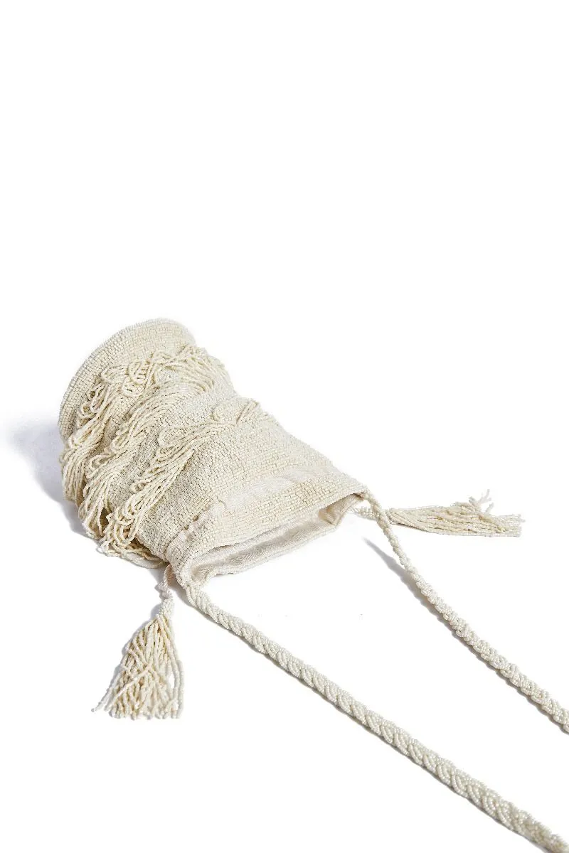 Channel Hand Embellished Fringe Bucket Bag in Cream