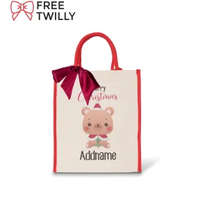 Christmas Cute Animal Series Merry Christmas Bear Red Colour Lining Canvas Bag