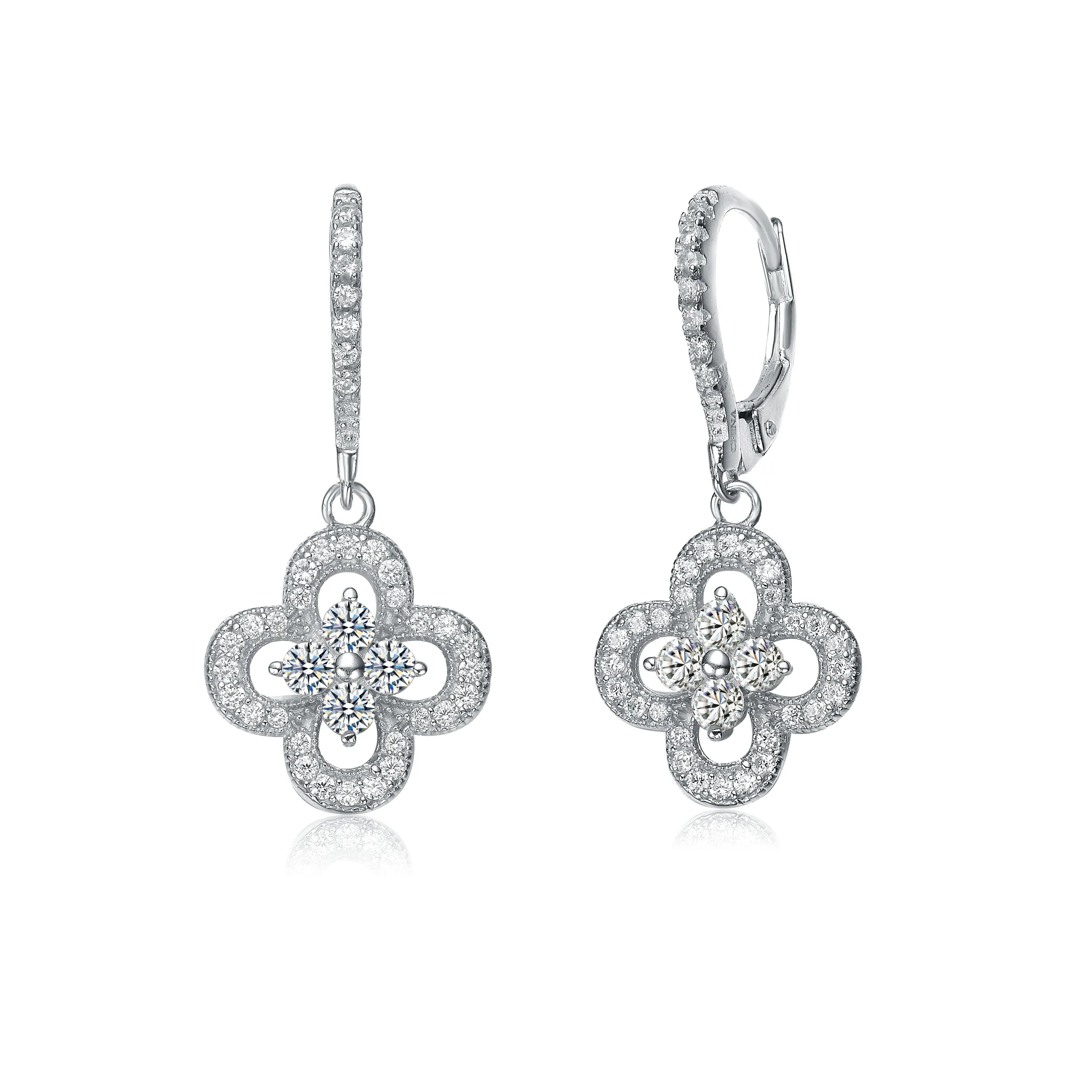 Cubic Zirconia Sterling Silver Flower Shape Micro Pave Earrings