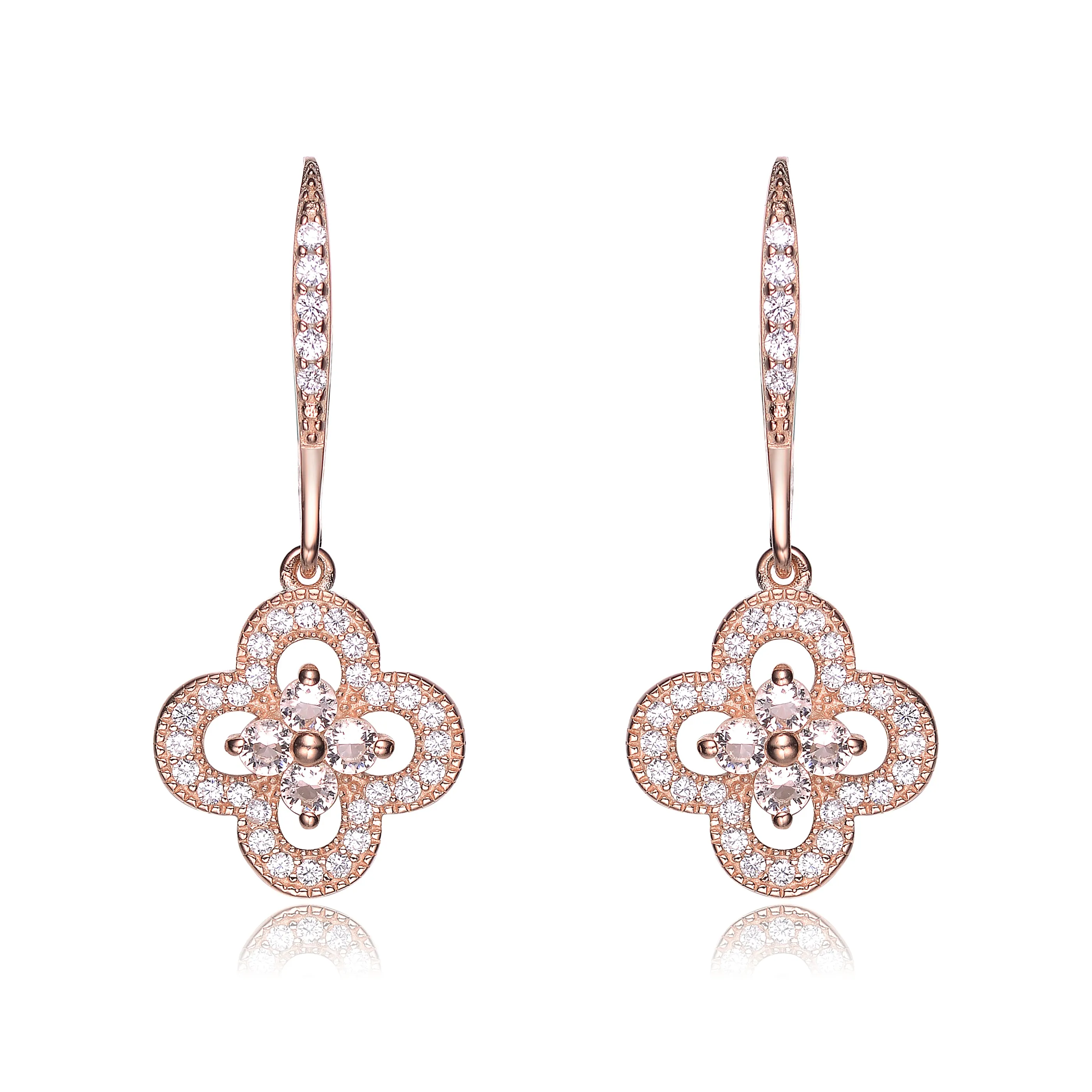 Cubic Zirconia Sterling Silver Flower Shape Micro Pave Earrings