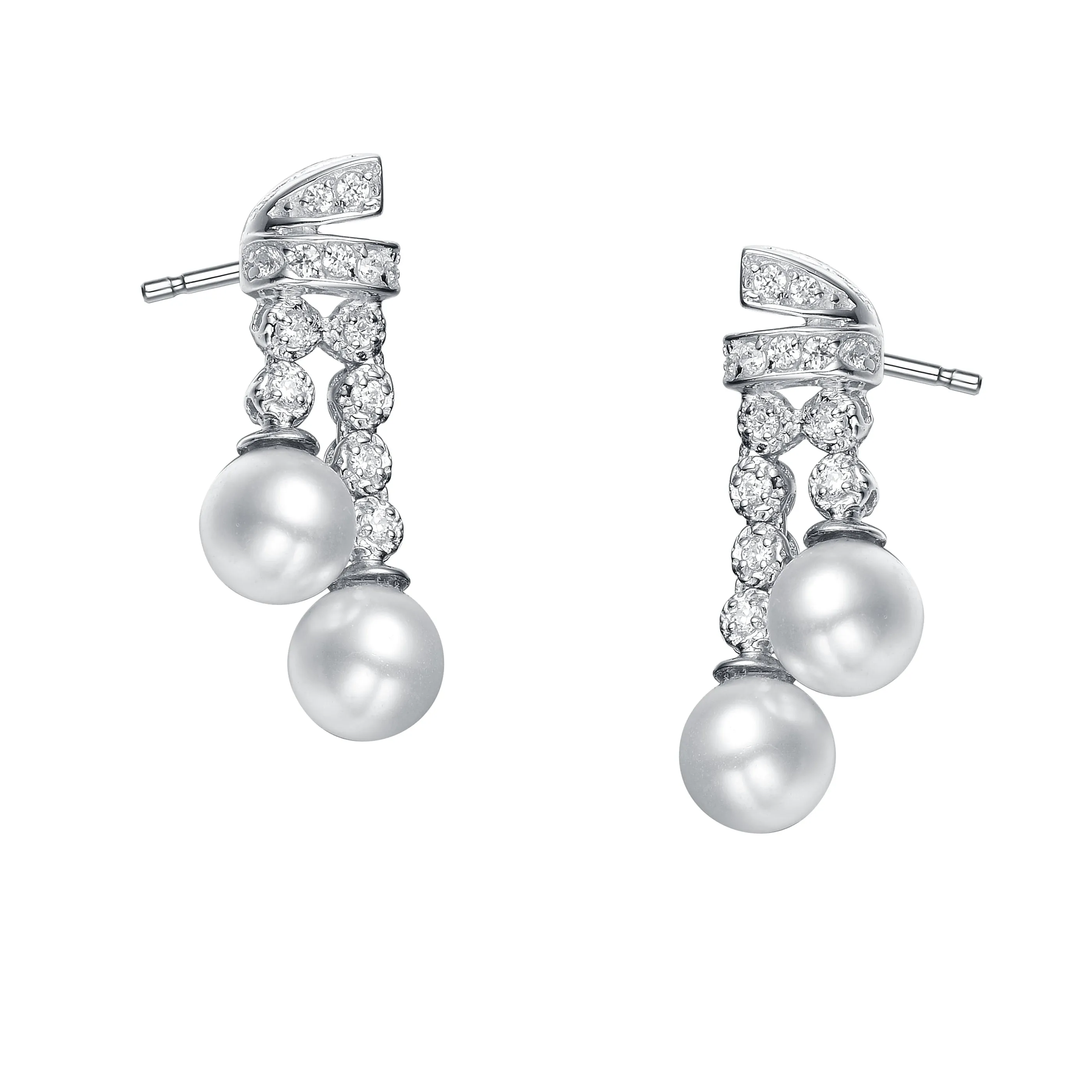 CZ Sterling Silver Double Strant Pearl Earrings