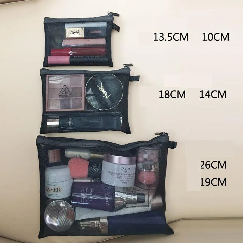 deanwangkt  Portable Makeup Bag Black Mesh Fashion S/M/L Set Cosmetic Bag Lipstick Bag Kosmetyczka Neceser Mujer Toiletry Bag Make Up Bag