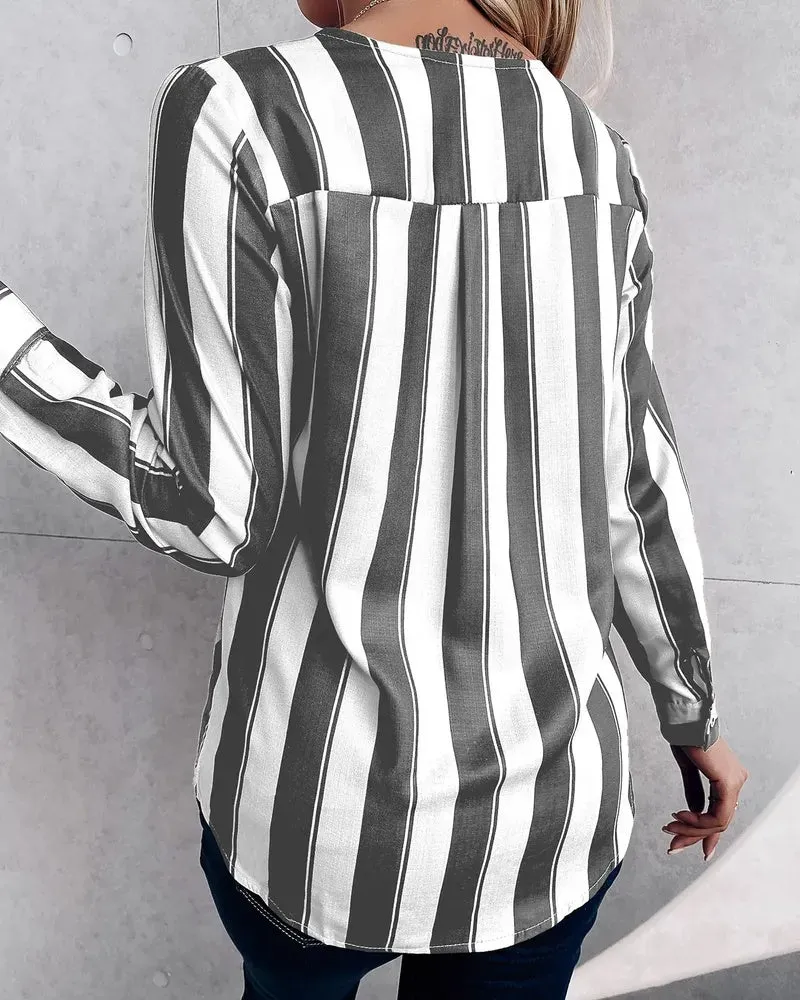 Deanwangkt - Relaxed Deep V Stripe Long Sleeve Blouse