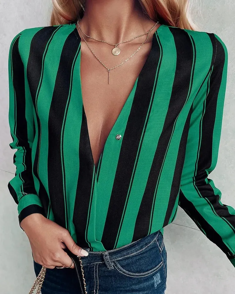 Deanwangkt - Relaxed Deep V Stripe Long Sleeve Blouse