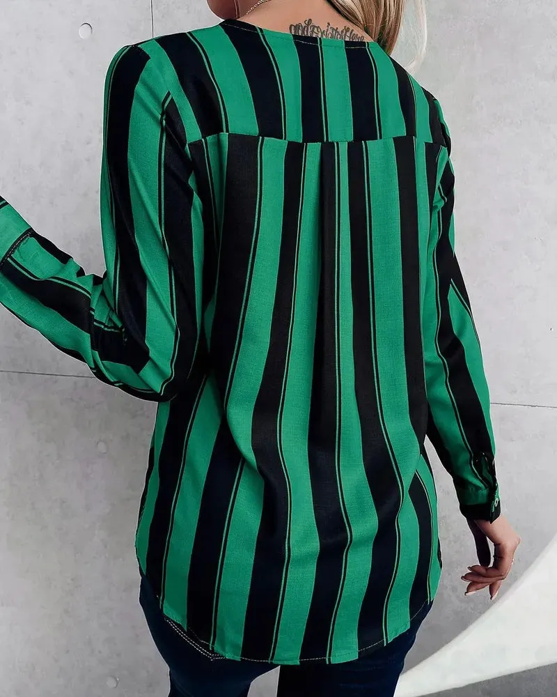 Deanwangkt - Relaxed Deep V Stripe Long Sleeve Blouse