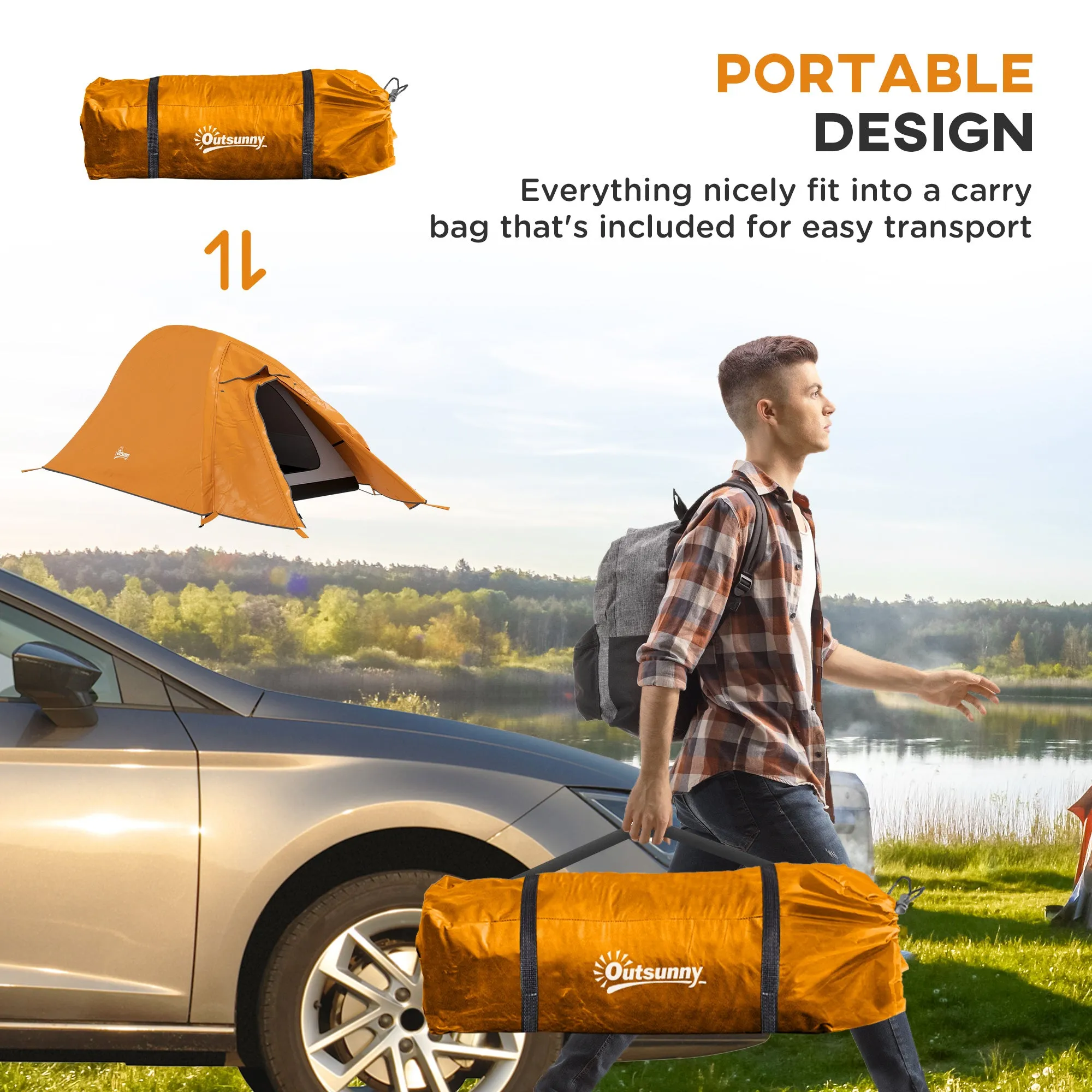 Double Layer Camping Tent, 1-2 Man Backpacking Tent with Carry Bag, 2000mm Waterproof and Lightweight, Orange