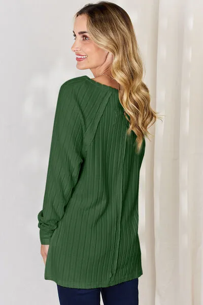 Full Size Ribbed Round Neck Slit T-Shirt