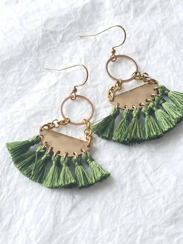 Green Fringe Semi Circle Crescent Dangle Boho Chic Earrings, The Fern Earrings