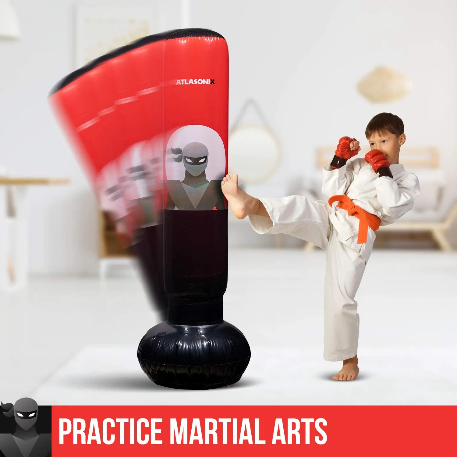 Inflatable Kids Punching Bag – Free Standing Ninja Boxing Bag for Immediate Bounce-Back for Practicing Karate, Taekwondo, MMA and to Relieve Pent Up Energy in Kids and Adults/Tall 5’ 3”