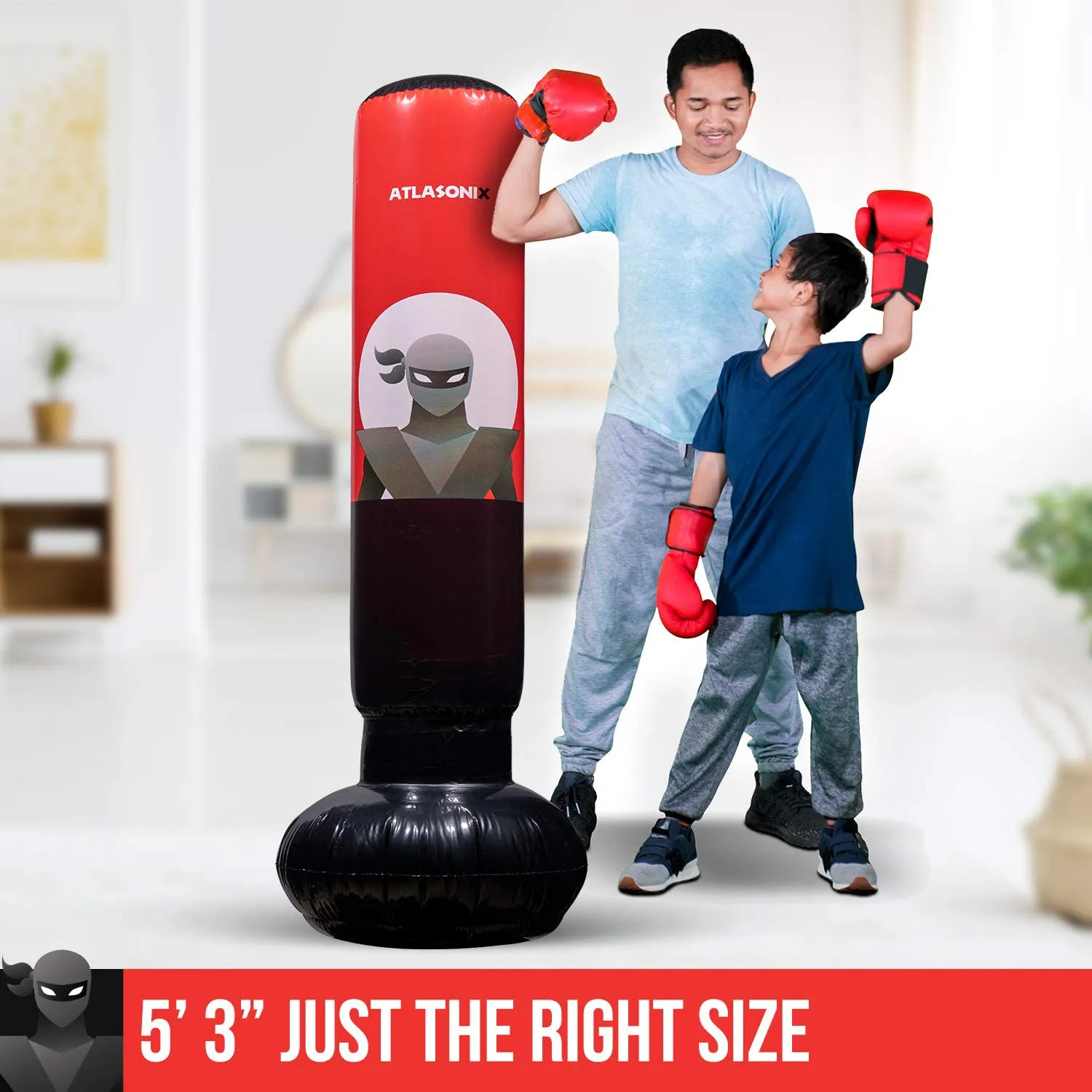 Inflatable Kids Punching Bag – Free Standing Ninja Boxing Bag for Immediate Bounce-Back for Practicing Karate, Taekwondo, MMA and to Relieve Pent Up Energy in Kids and Adults/Tall 5’ 3”