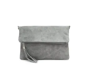 Italian Designer Foldover Soft Suede Leather Clutch -Eleganza Light Grey