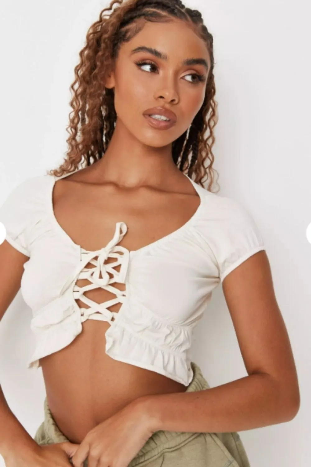 Lace Up Front Cap Sleeve Milkmaid Top