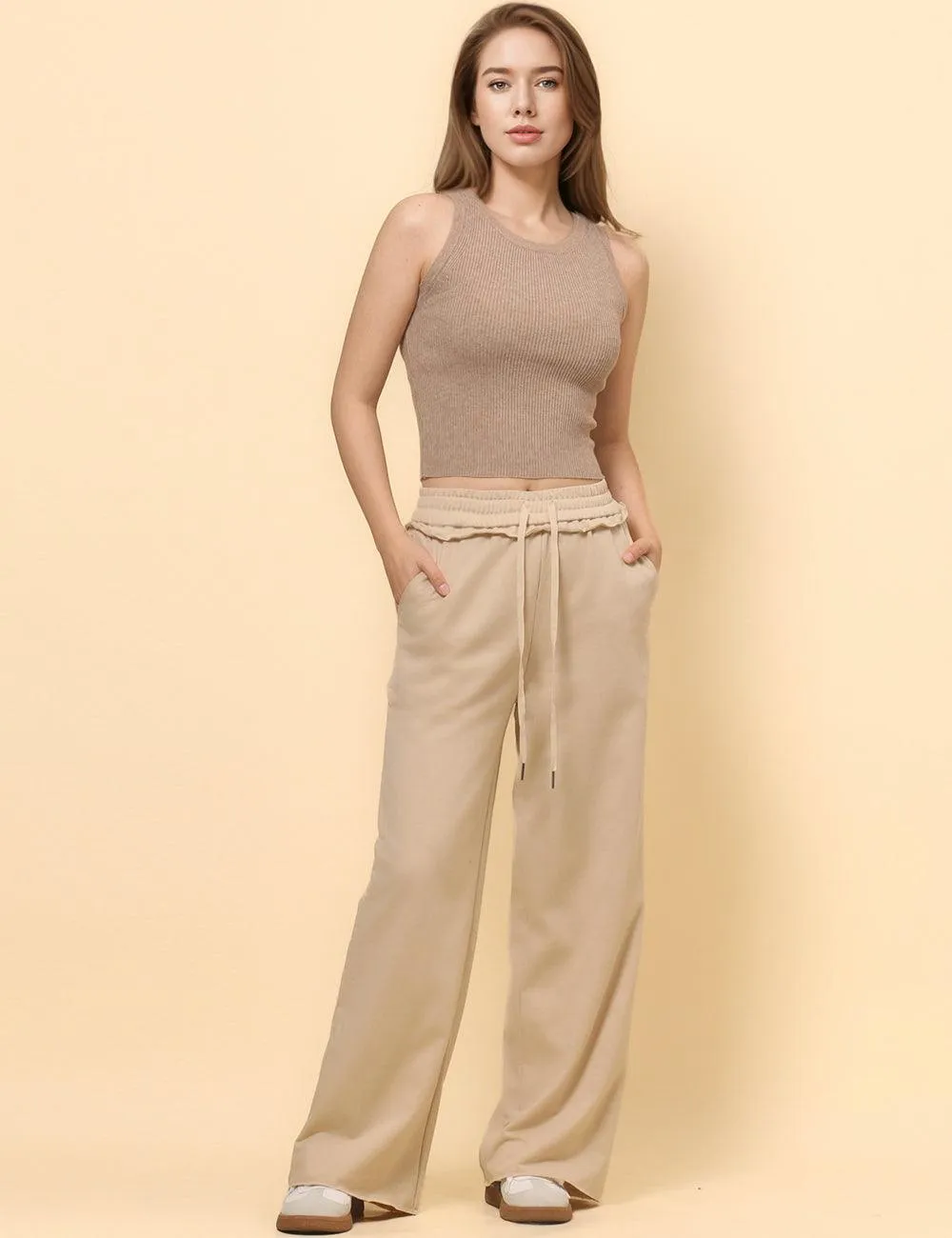 Ladies Solid Color Elastic Waist Wide Leg Casual Pants SKP4842