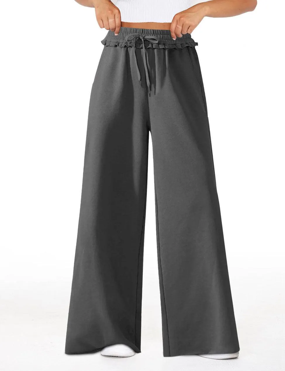 Ladies Solid Color Elastic Waist Wide Leg Casual Pants SKP4842