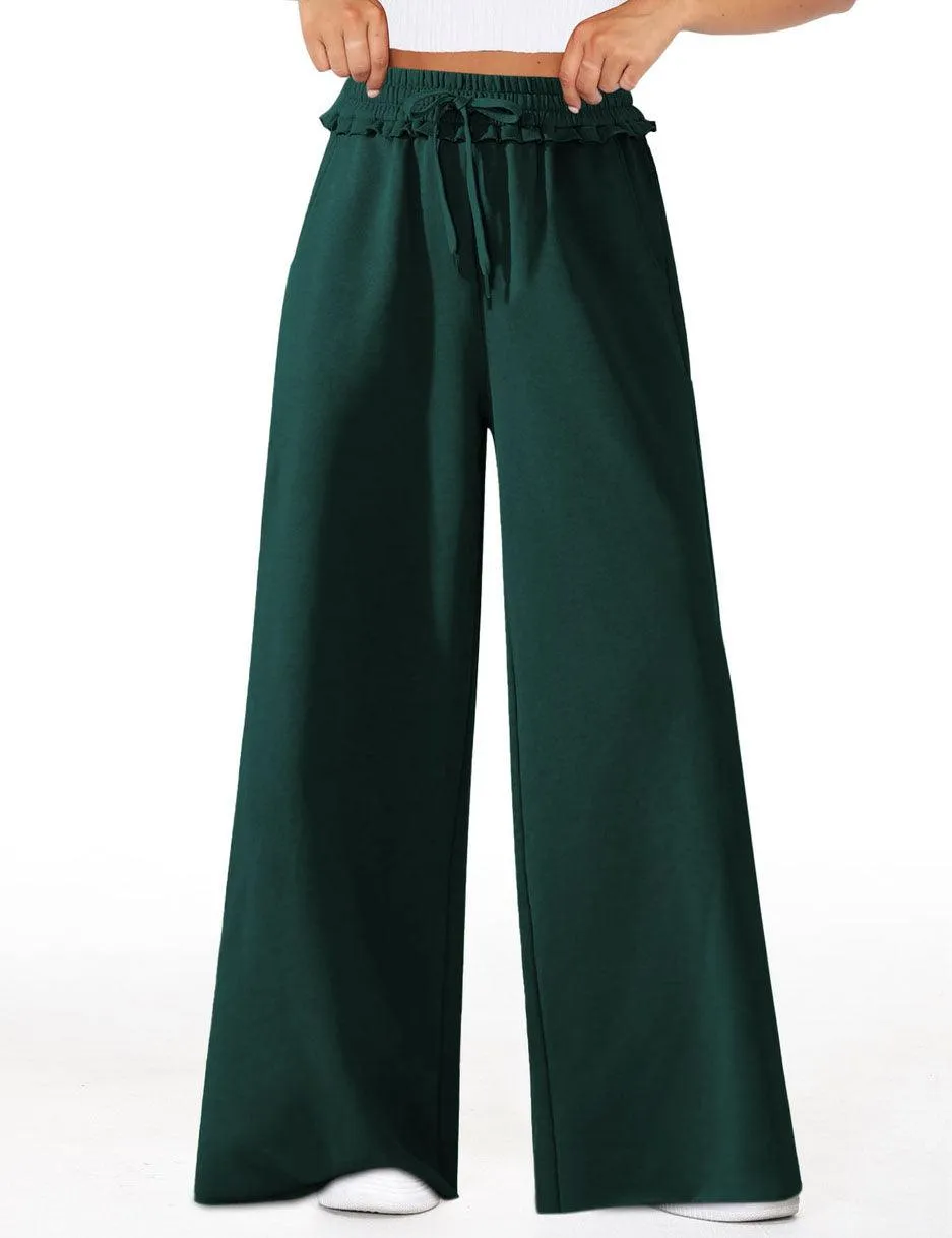 Ladies Solid Color Elastic Waist Wide Leg Casual Pants SKP4842