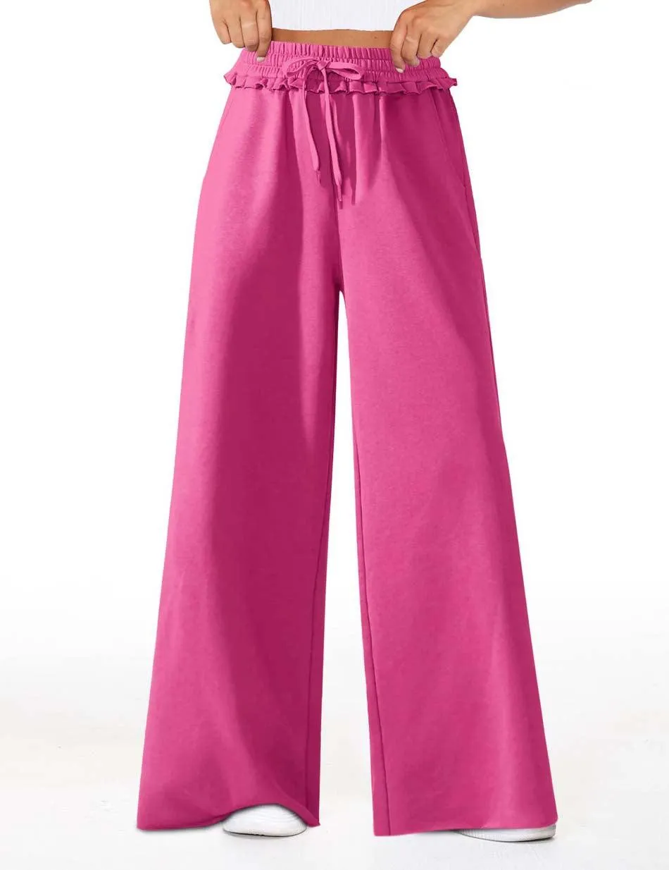 Ladies Solid Color Elastic Waist Wide Leg Casual Pants SKP4842