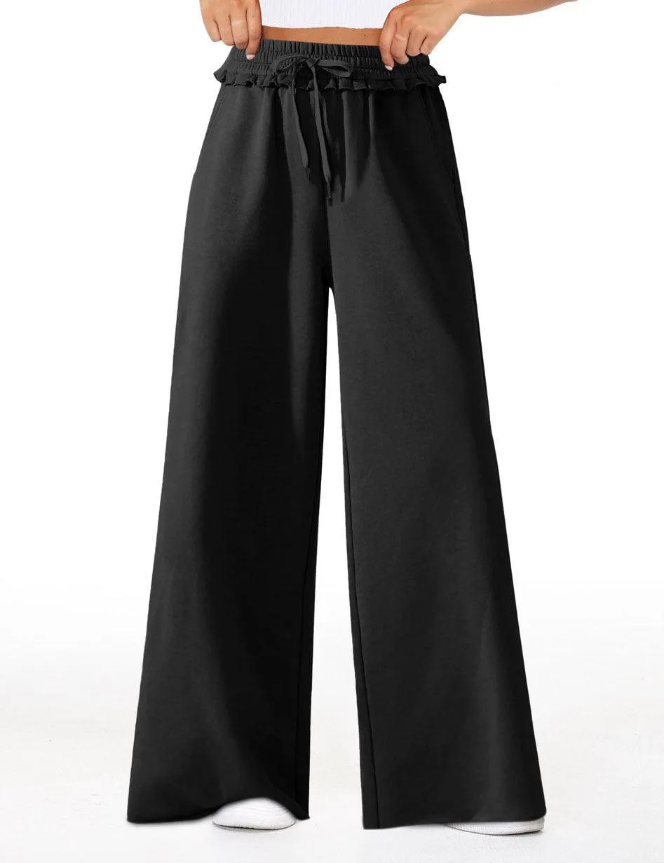 Ladies Solid Color Elastic Waist Wide Leg Casual Pants SKP4842